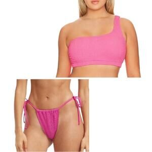 NEW Good American Always Fits Bikini Set One Shoulder Top Tiny Ties‎ Bottom Pink